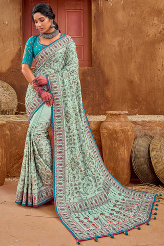 Heavy Embroidered Banarasi Silk Fabric Sangeet Wear Light Cyan Color Designer Saree