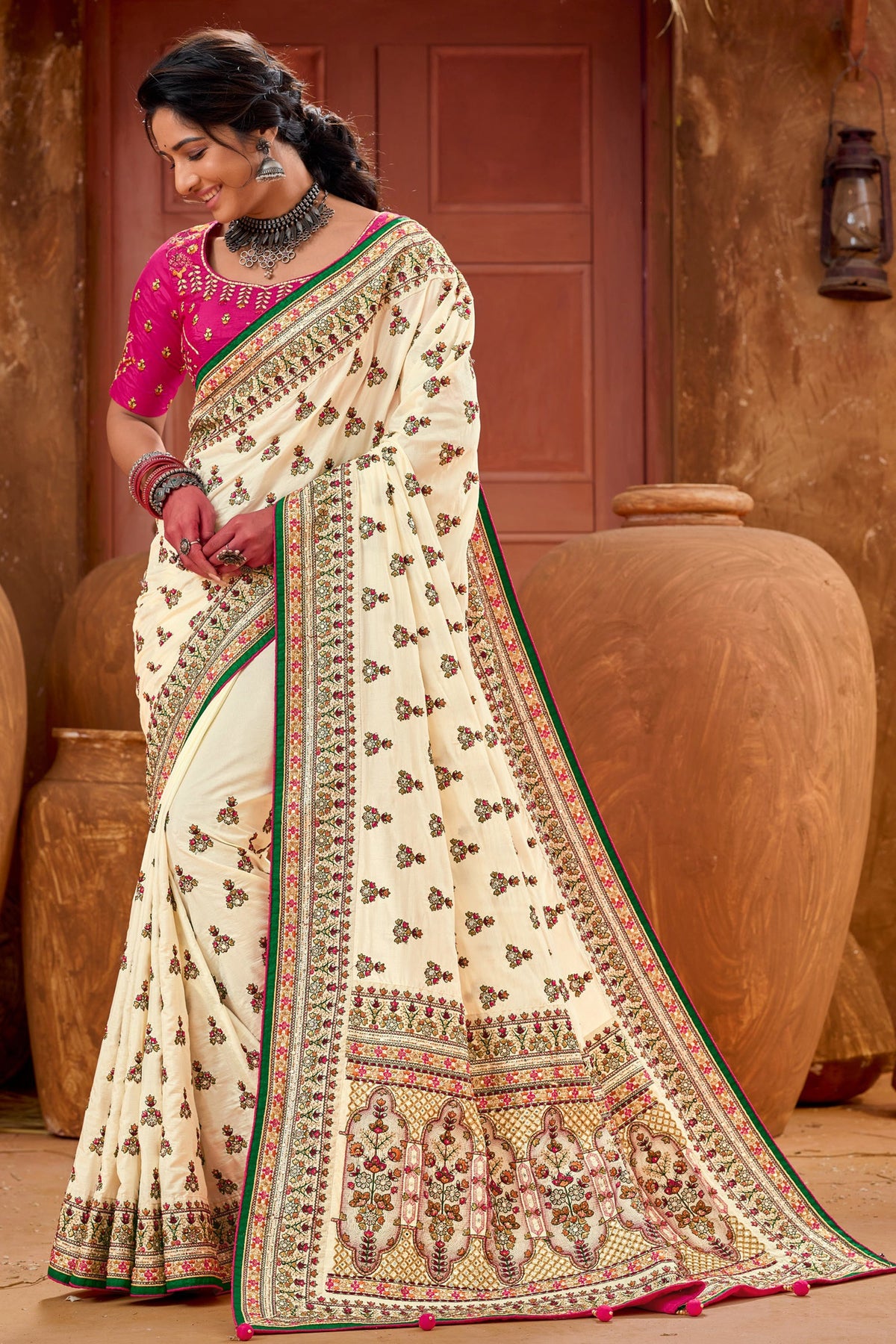 Banarasi Silk Fabric Wedding Wear Beige Color Fancy Heavy Embroidered Saree