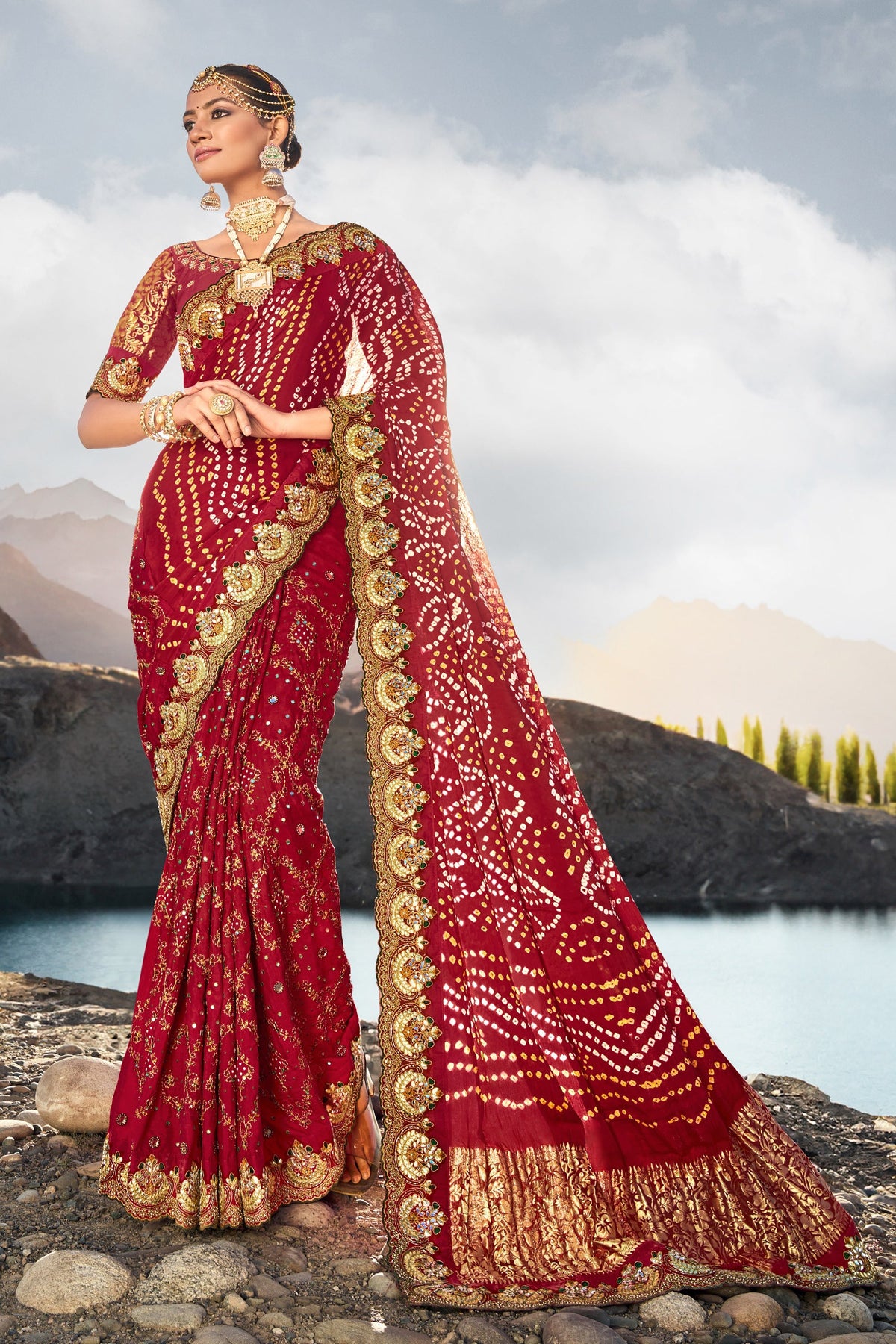 Creative Pure Gajji Bandhani Maroon Color Satin Saree With Heavy Embroidered Silk Blouse