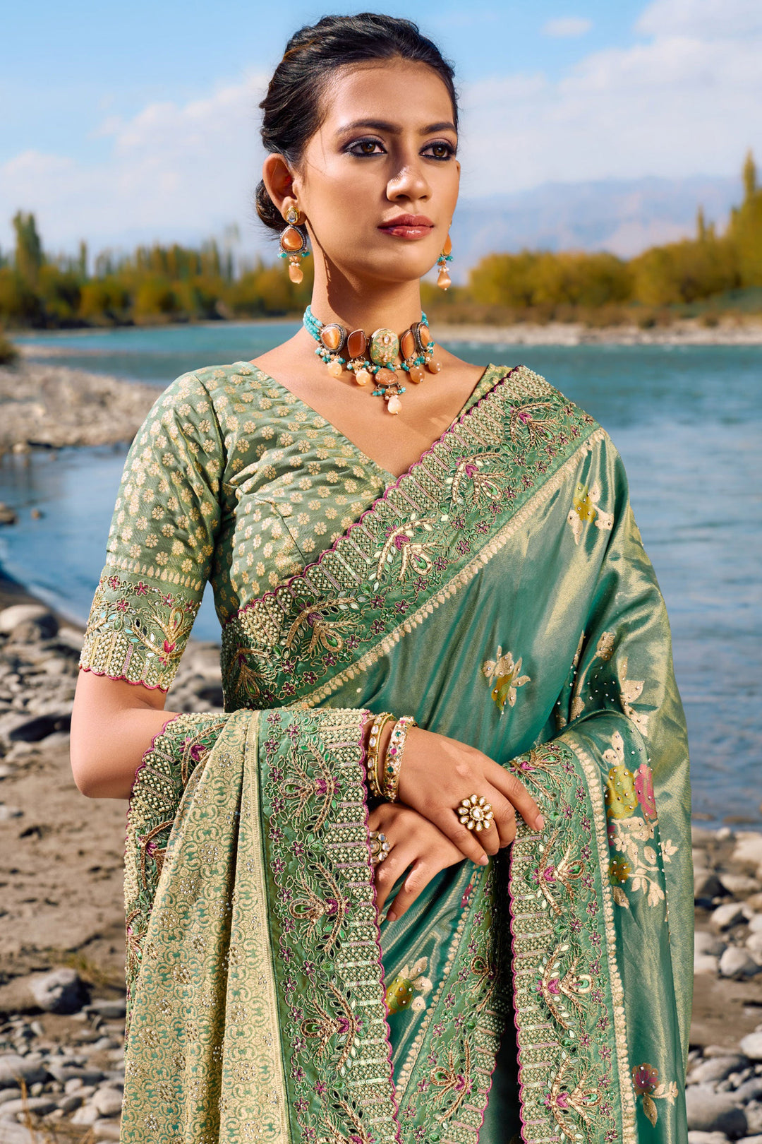 Wedding Wear Sea Green Color Weaving Work Silk Fabric Saree