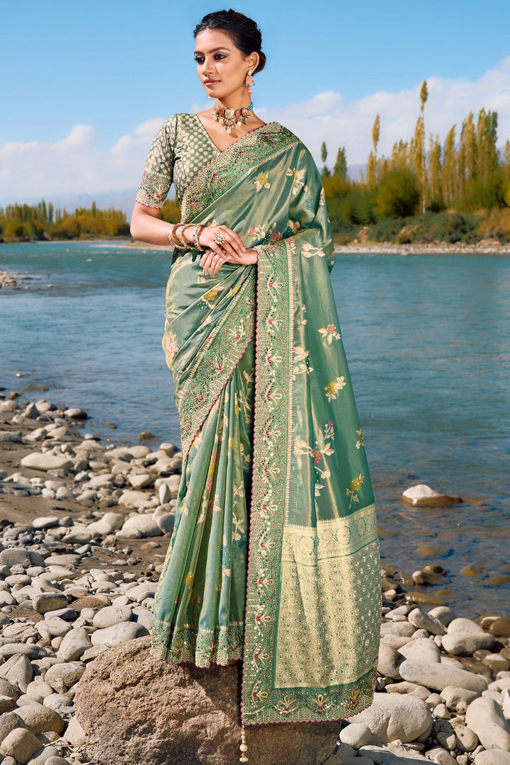 Wedding Wear Sea Green Color Weaving Work Silk Fabric Saree