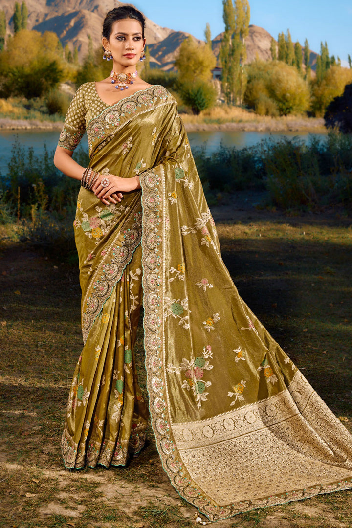 Silk Fabric Weaving Work Wedding Wear Saree In Green Color