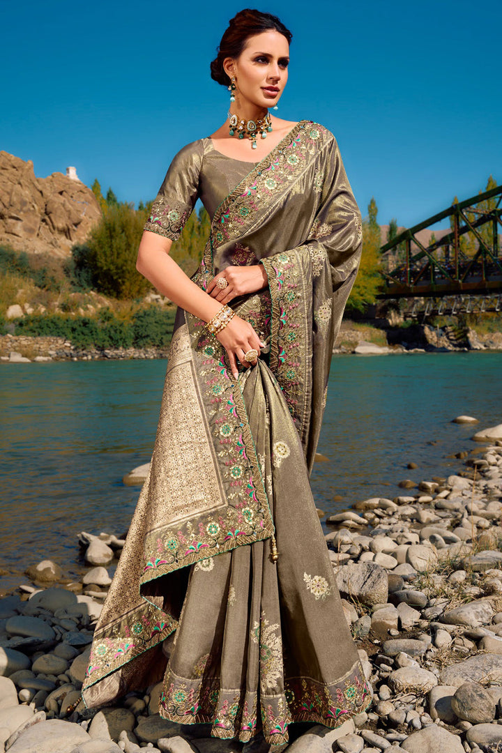 Wedding Function Grey Color Weaving Work Saree In Silk Fabric