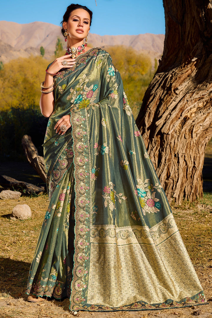 Green Weaving Work Wedding Wear Silk Fabric Saree