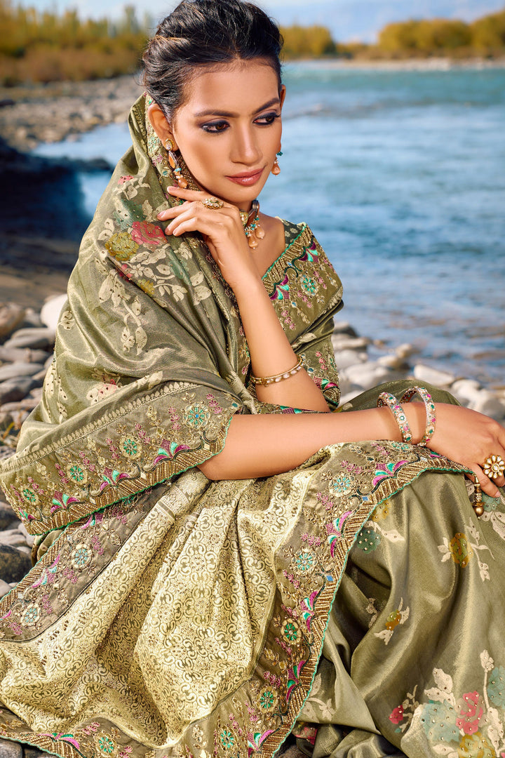Wedding Wear Weaving Work Silk Saree In Olive Color
