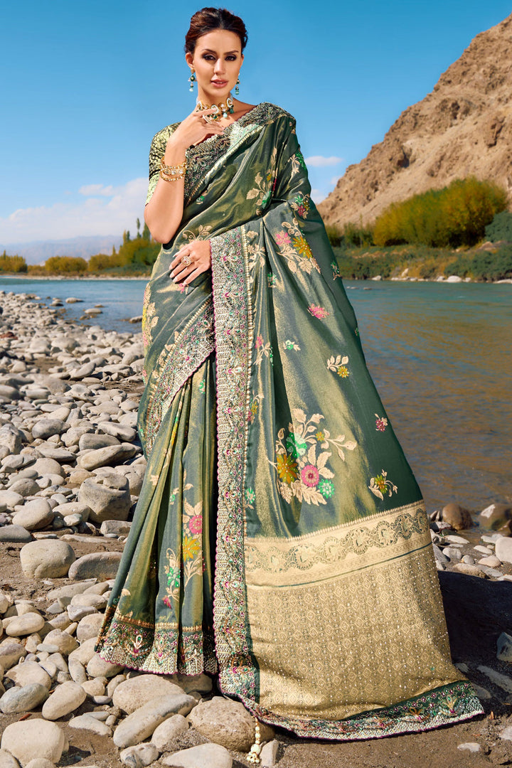 Green Color Silk Fabric Wedding Wear Saree With Weaving Work
