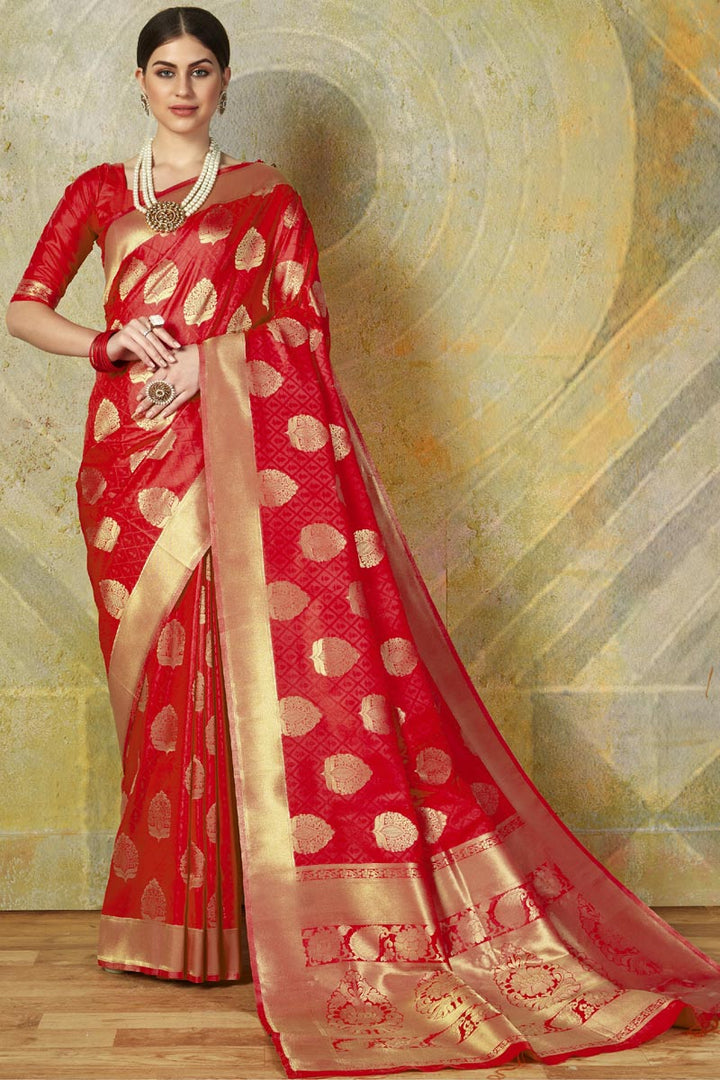 Weaving Work On Banarasi Style Art Silk Fabric Red Color Designer Saree