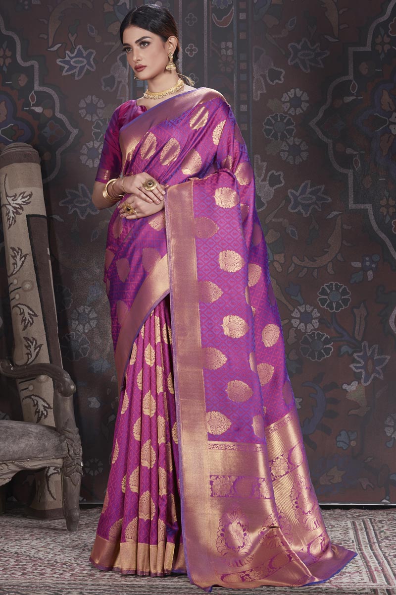 Banarasi Style Weaving Work On Festive Wear Purple Color Saree In Art Silk Fabric