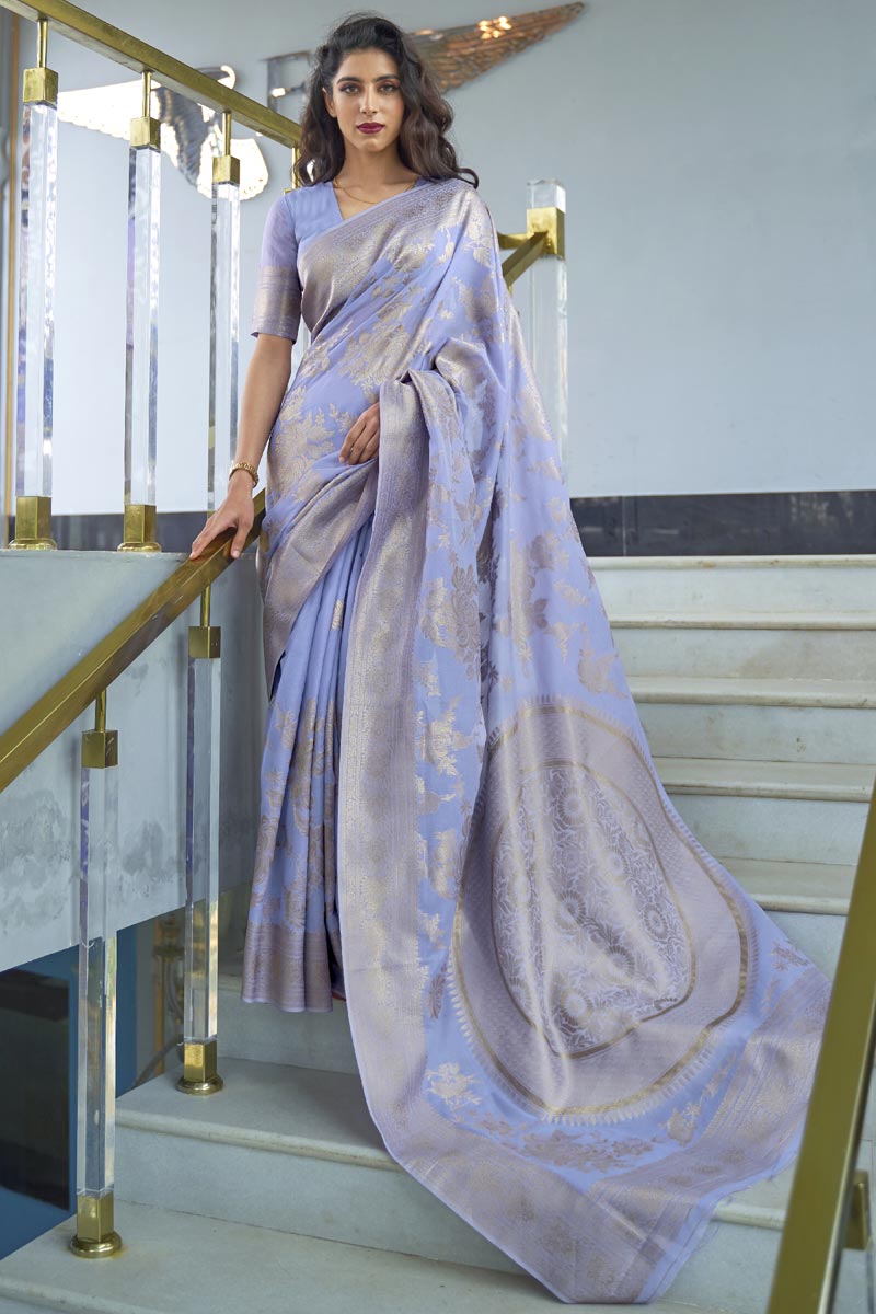 Lavender Color Sangeet Wear Art Silk Fabric Fancy Weaving Work Saree