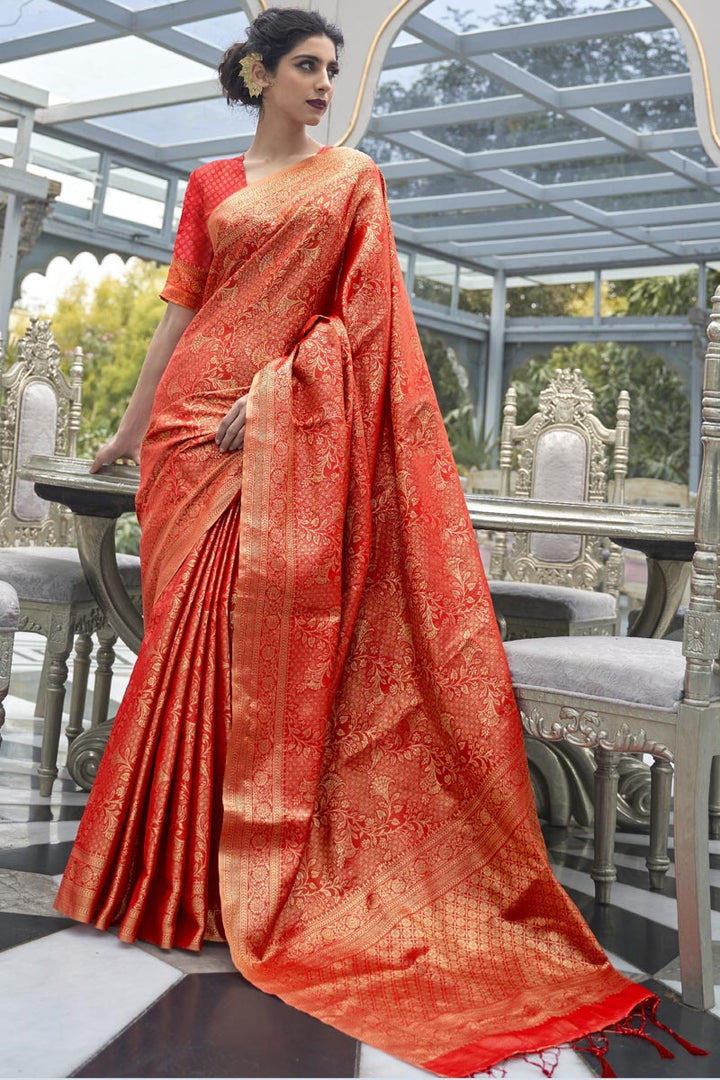 Art Silk Fabric Sangeet Wear Red Color Weaving Work Saree