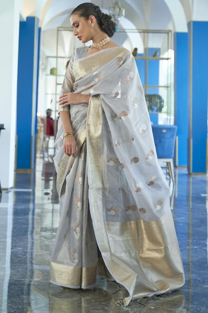 Sangeet Wear Grey Art Silk Fabric Weaving Work Saree