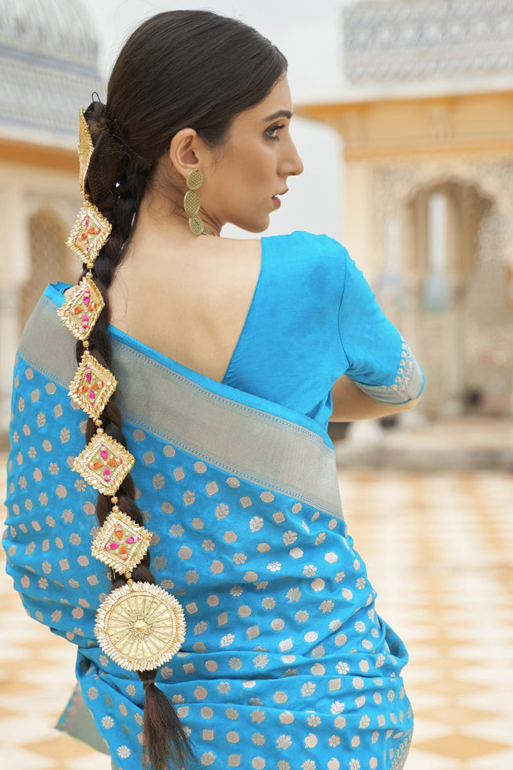 Sky Blue Color Reception Wear Trendy Weaving Work Saree In Art Silk Fabric