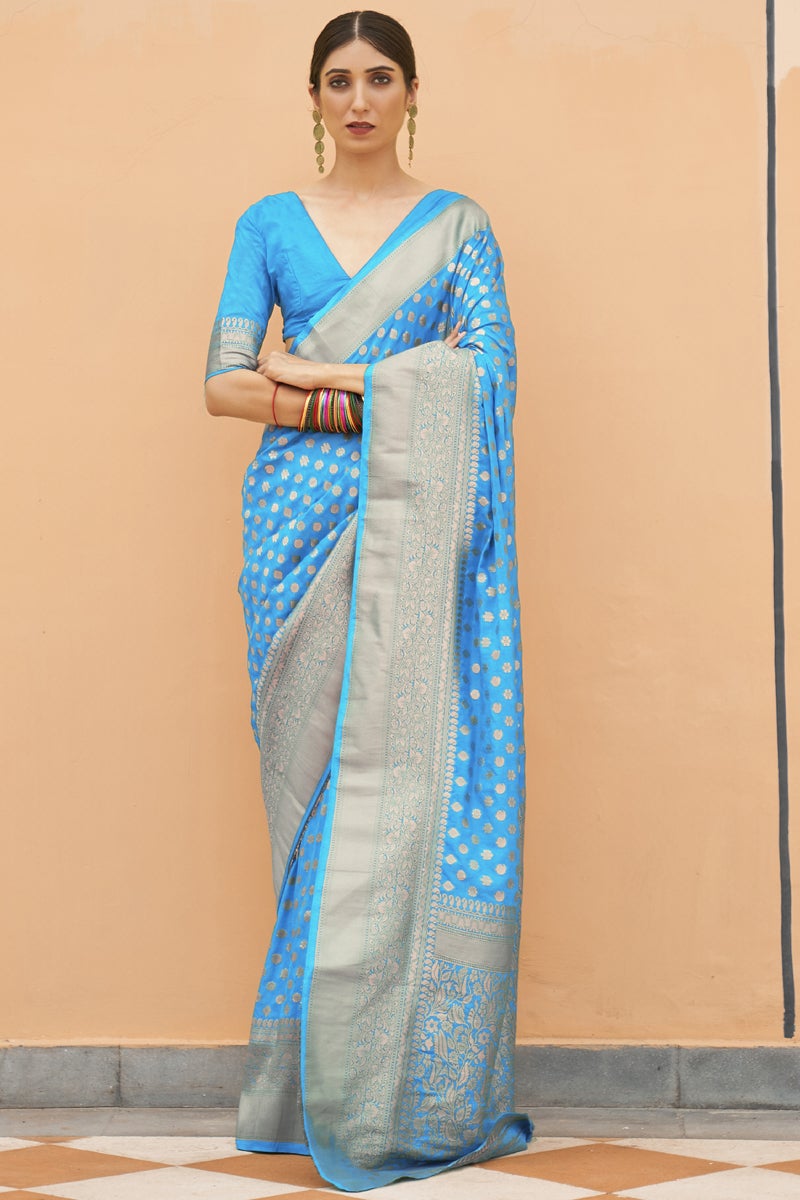 Sky Blue Color Reception Wear Trendy Weaving Work Saree In Art Silk Fabric