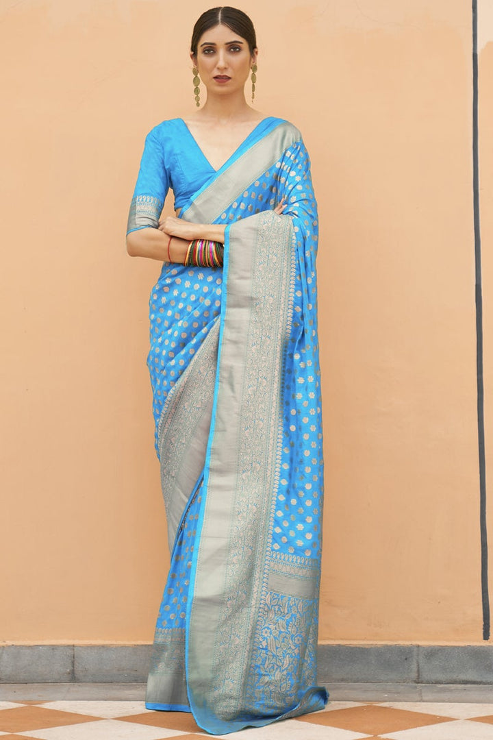 Sky Blue Color Reception Wear Trendy Weaving Work Saree In Art Silk Fabric
