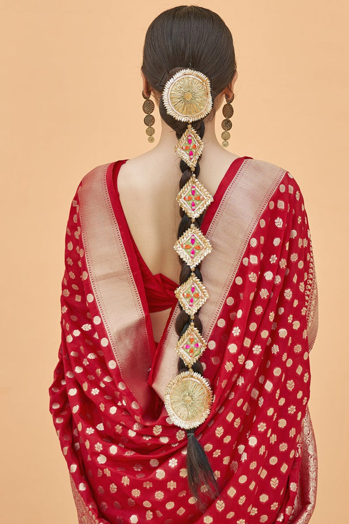 Art Silk Fabric Weaving Work Red Color Sangeet Wear Trendy Saree