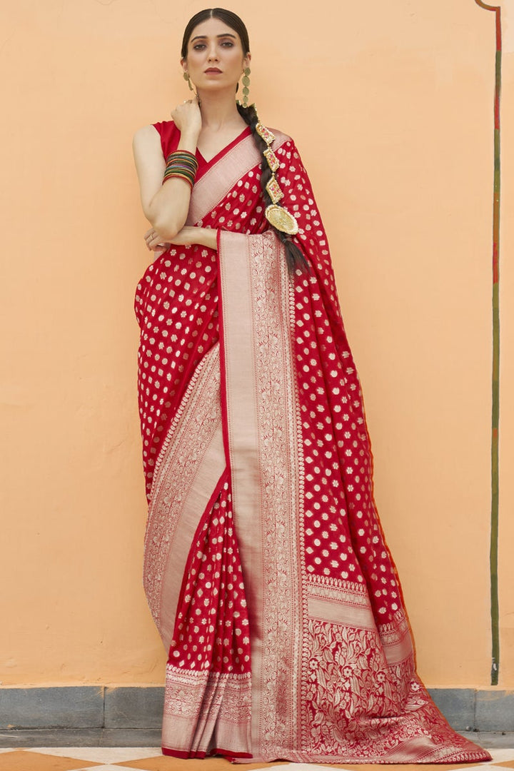 Art Silk Fabric Weaving Work Red Color Sangeet Wear Trendy Saree