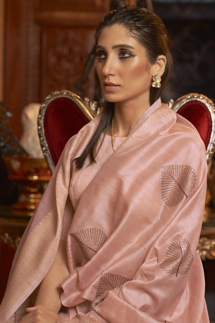 Art Silk Fabric Festival Wear Weaving Work Elegant Saree In Peach Color