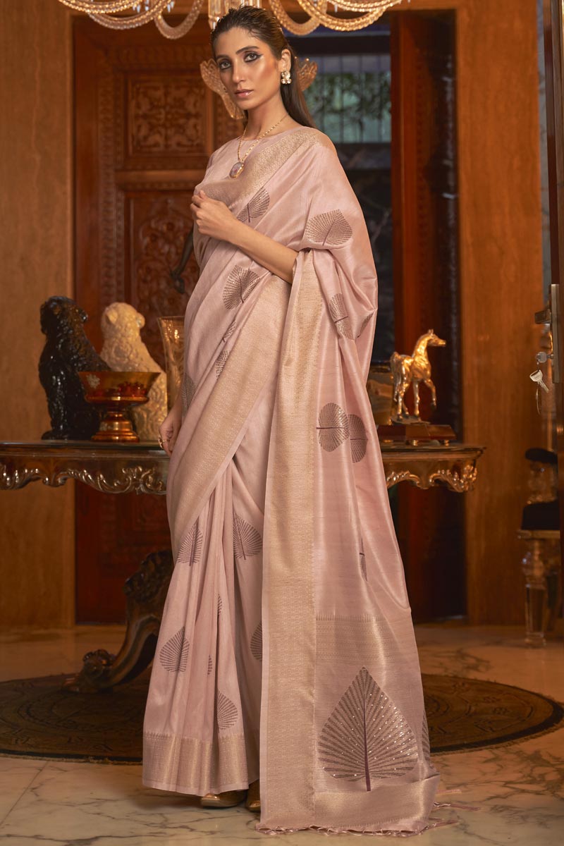 Art Silk Fabric Festival Wear Weaving Work Elegant Saree In Peach Color