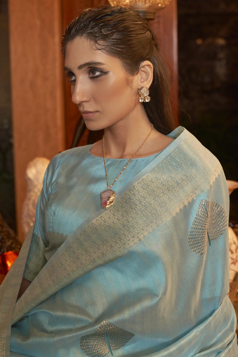 Festival Wear Art Silk Fabric Cyan Color Weaving Work Attractive Saree
