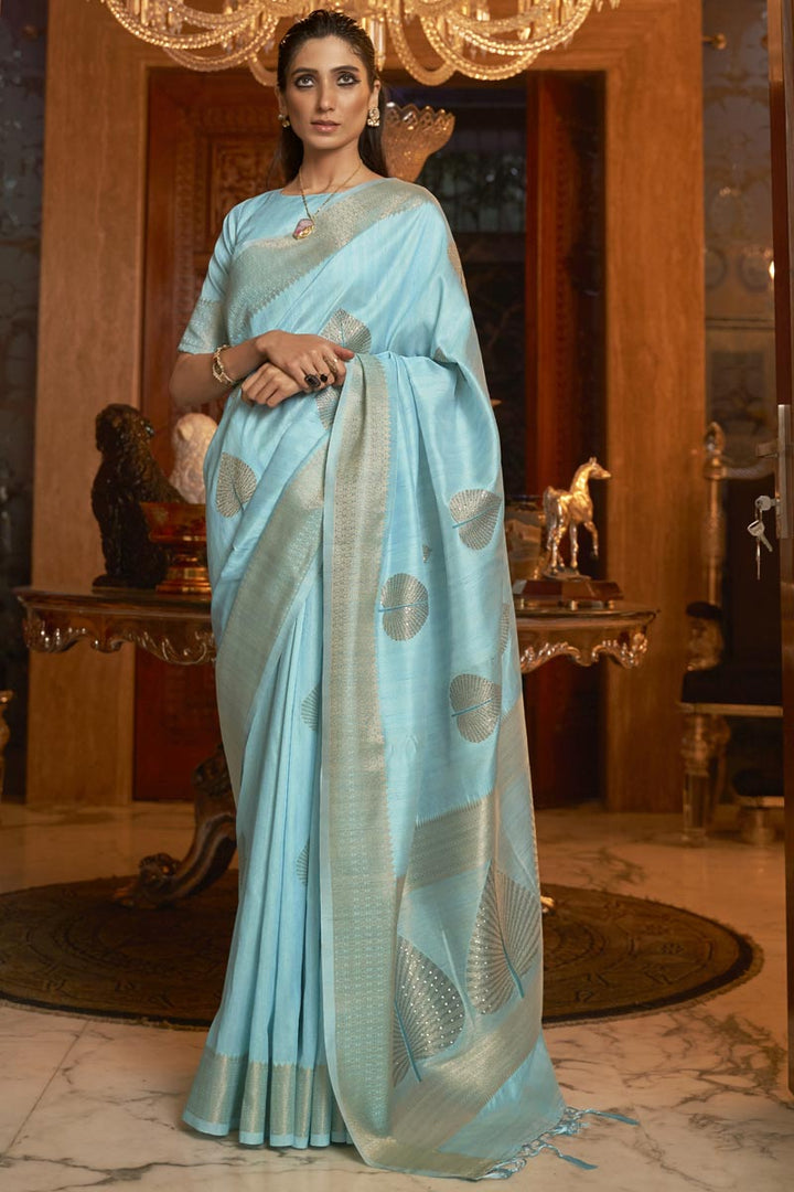 Festival Wear Art Silk Fabric Cyan Color Weaving Work Attractive Saree