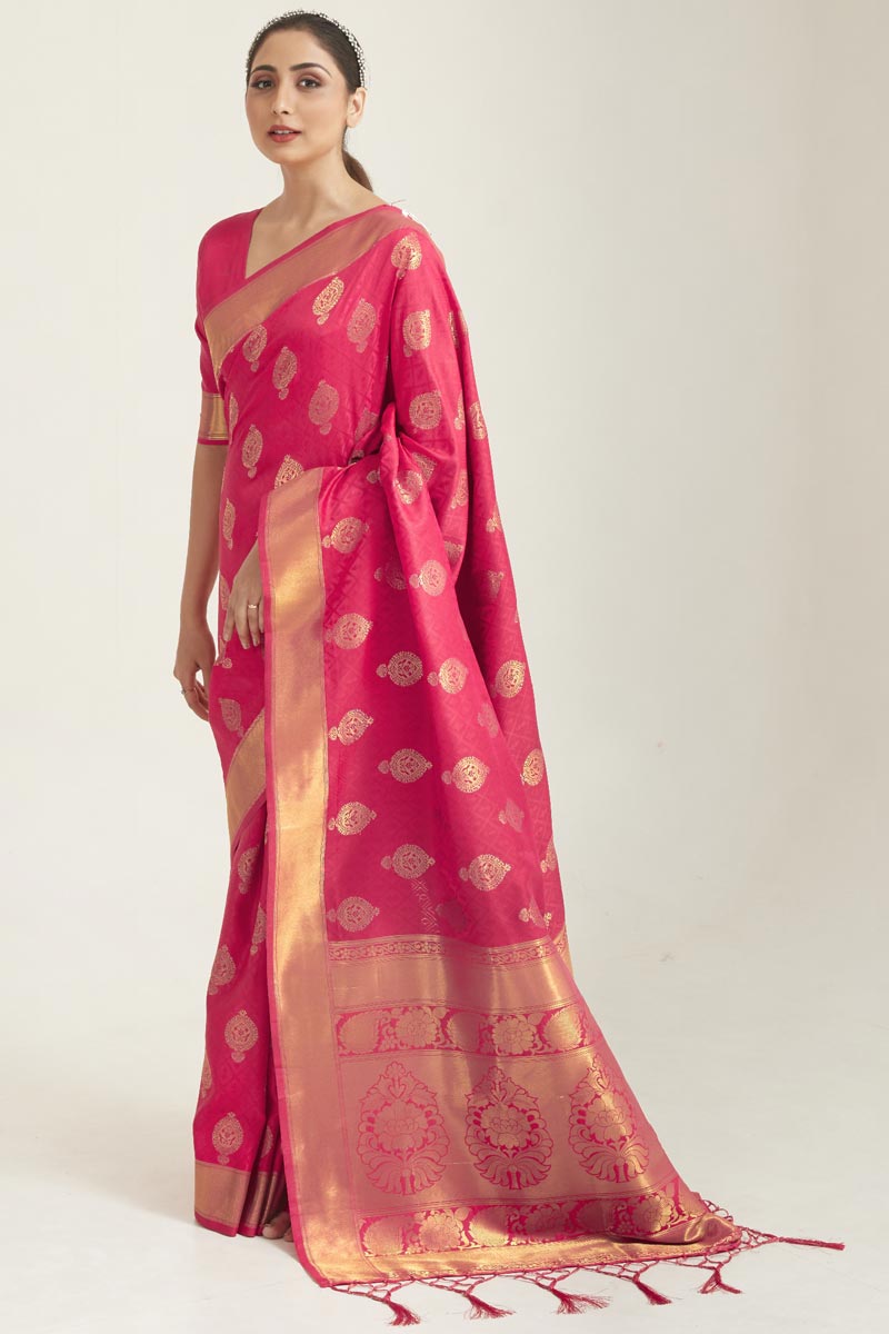 Reception Wear Art Silk Weaving Work Pink Saree