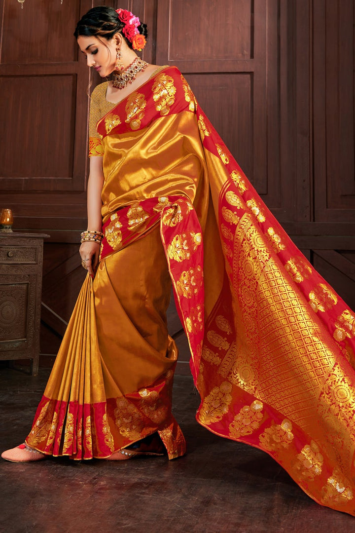 Golden Color Weaving Work Banarasi Art Silk Fabric Sangeet Wear Saree