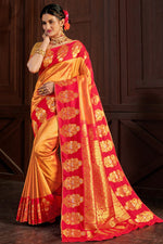 Load image into Gallery viewer, Banarasi Art Silk Fabric Wedding Wear Golden Color Fancy Weaving Work Saree
