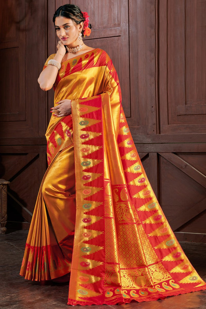 Golden Color Banarasi Art Silk Fabric Weaving Work Festive Wear Fancy Saree