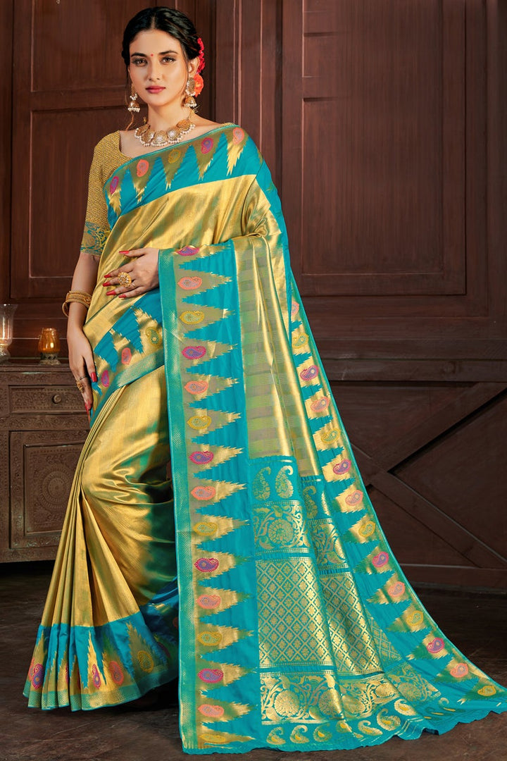 Golden Color Banarasi Art Silk Fabric Fancy Weaving Work Sangeet Wear Saree