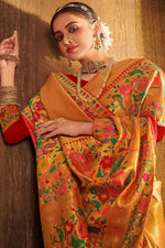 Load image into Gallery viewer, Golden Color Sangeet Wear Weaving Work Banarasi Silk Fabric Elegant Saree
