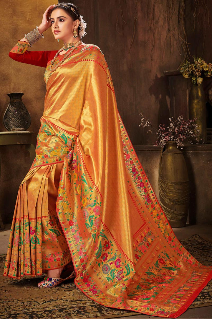 Golden Color Sangeet Wear Weaving Work Banarasi Silk Fabric Elegant Saree