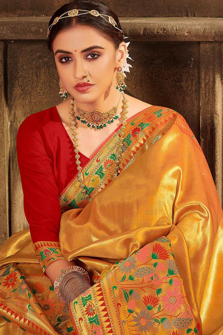 Banarasi Silk Fabric Sangeet Wear Golden Color Weaving Work Classic Saree