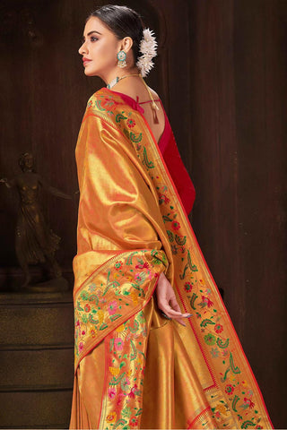 Banarasi Silk Fabric Sangeet Wear Weaving Work Saree In Golden Color