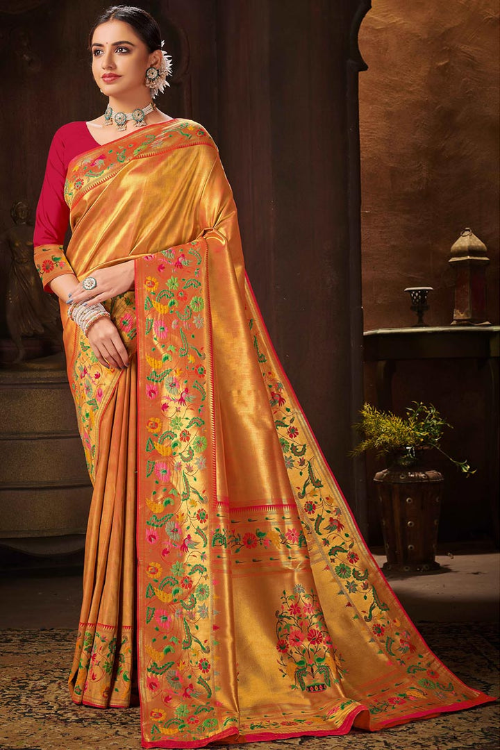 Banarasi Silk Fabric Sangeet Wear Weaving Work Saree In Golden Color