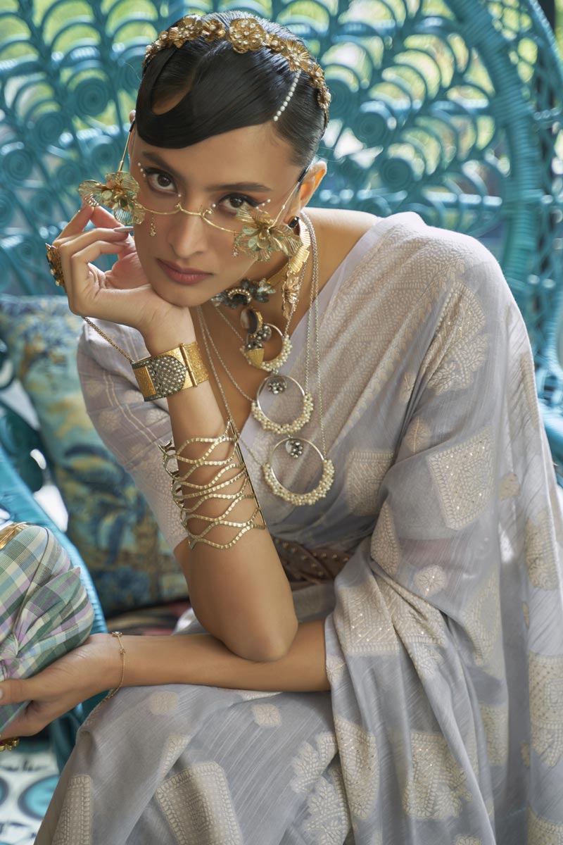 Grey Color Admirable Art Silk Lucknowi Chikankari Work Saree