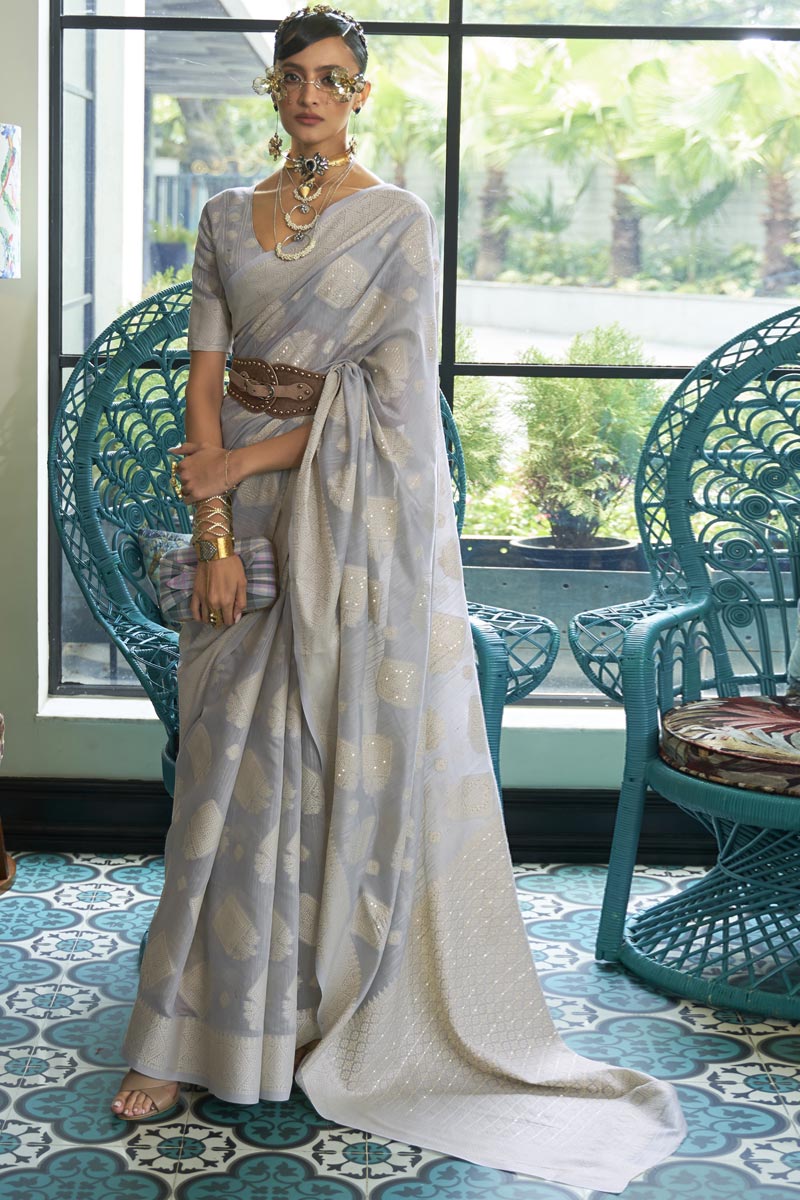 Grey Color Admirable Art Silk Lucknowi Chikankari Work Saree