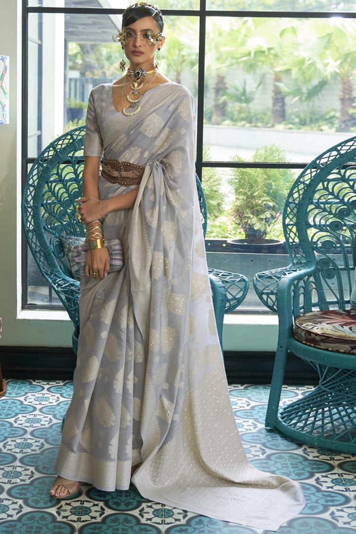 Grey Color Admirable Art Silk Lucknowi Chikankari Work Saree