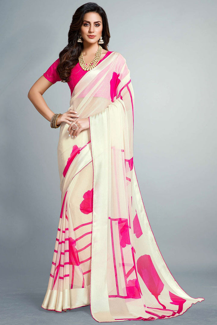 Off White Color Party Wear Printed Chiffon Fabric Designer Saree