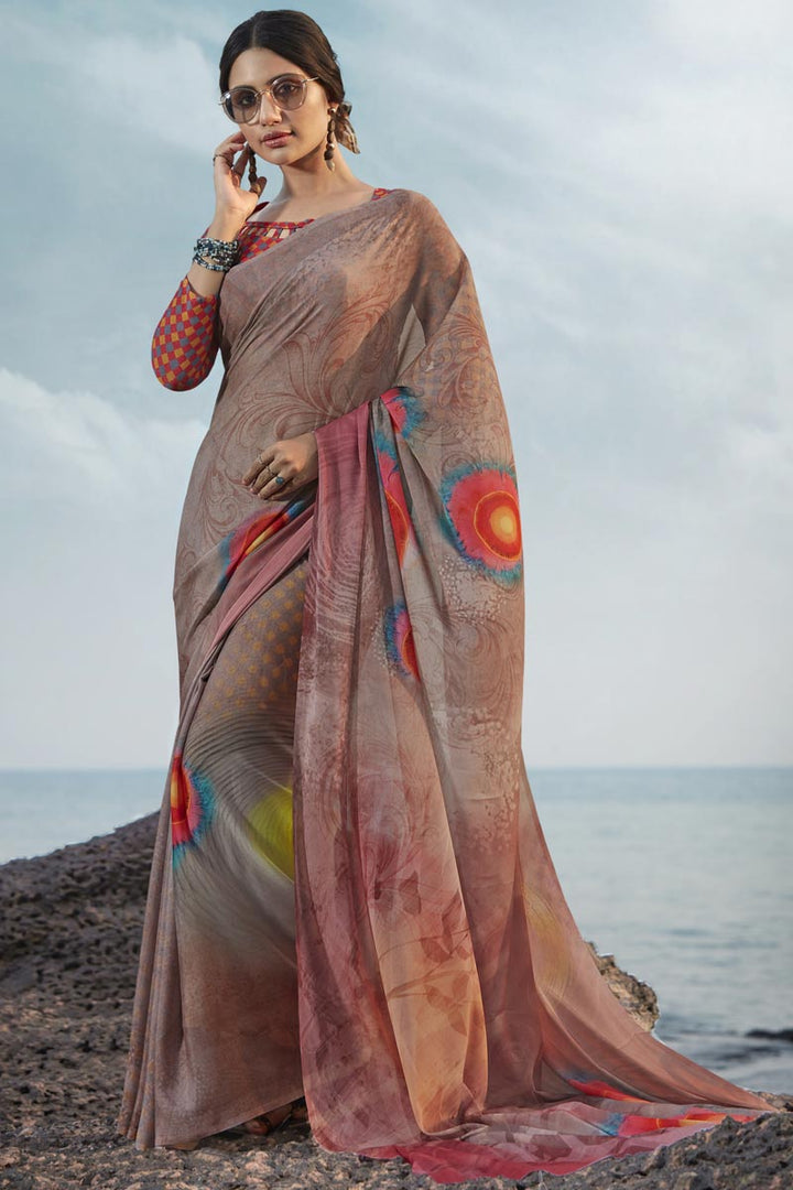 Satin Silk Fabric Fancy Regular Wear Chikoo Color Printed Saree