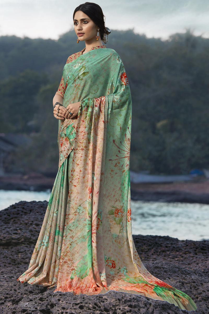 Satin Silk Fabric Regular Wear Fancy Sea Green Color Printed Saree