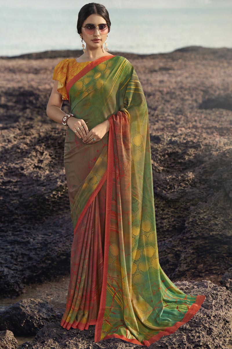 Green Color Fancy Regular Wear Satin Silk Fabric Printed Saree