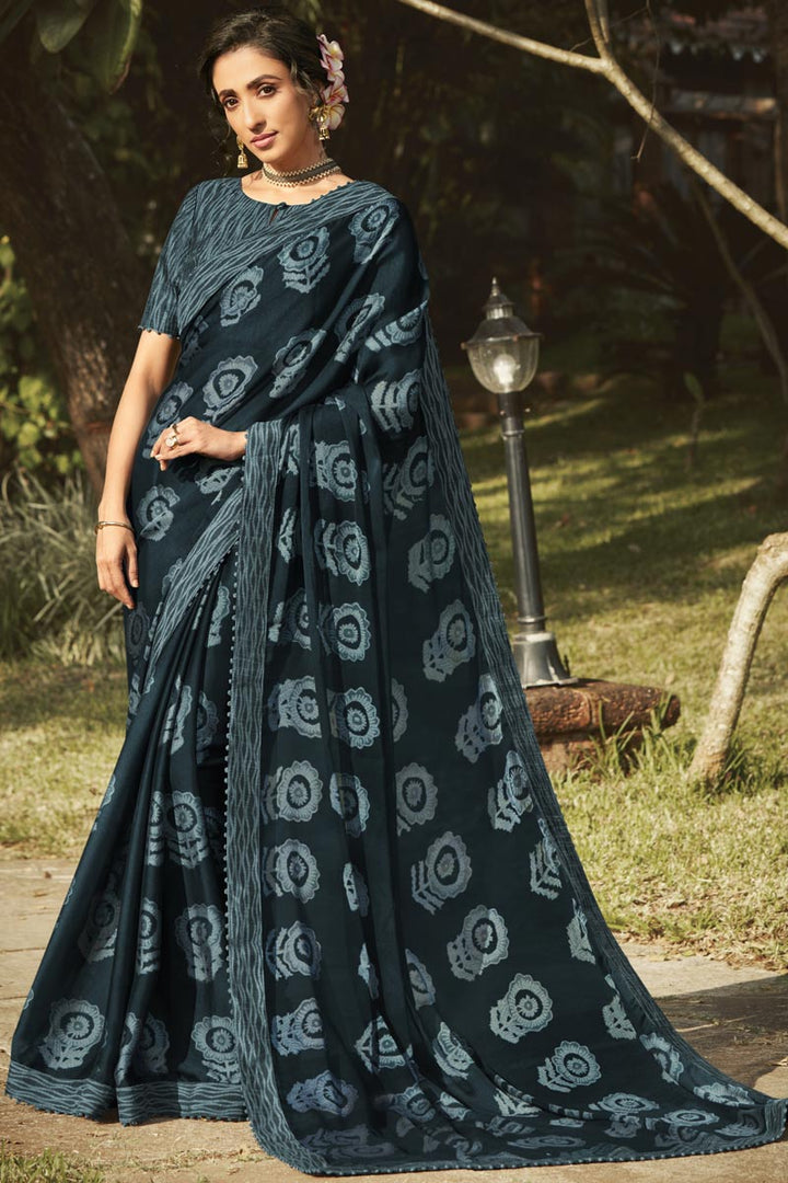 Regular Wear Dark Grey Color Fancy Printed Saree In Georgette Silk Fabric