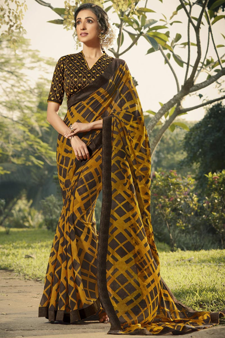 Mustard Color Daily Wear Fancy Printed Saree In Georgette Fabric