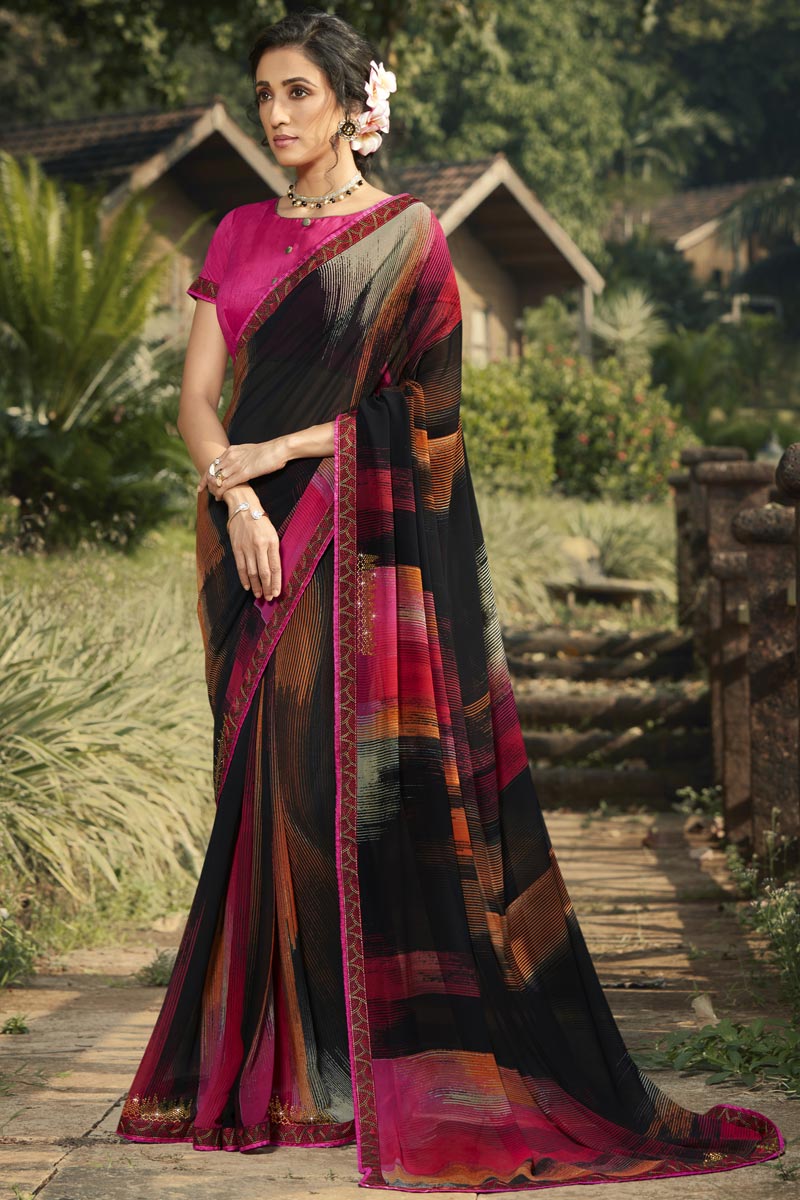 Black Color Daily Wear Georgette Fabric Fancy Printed Saree