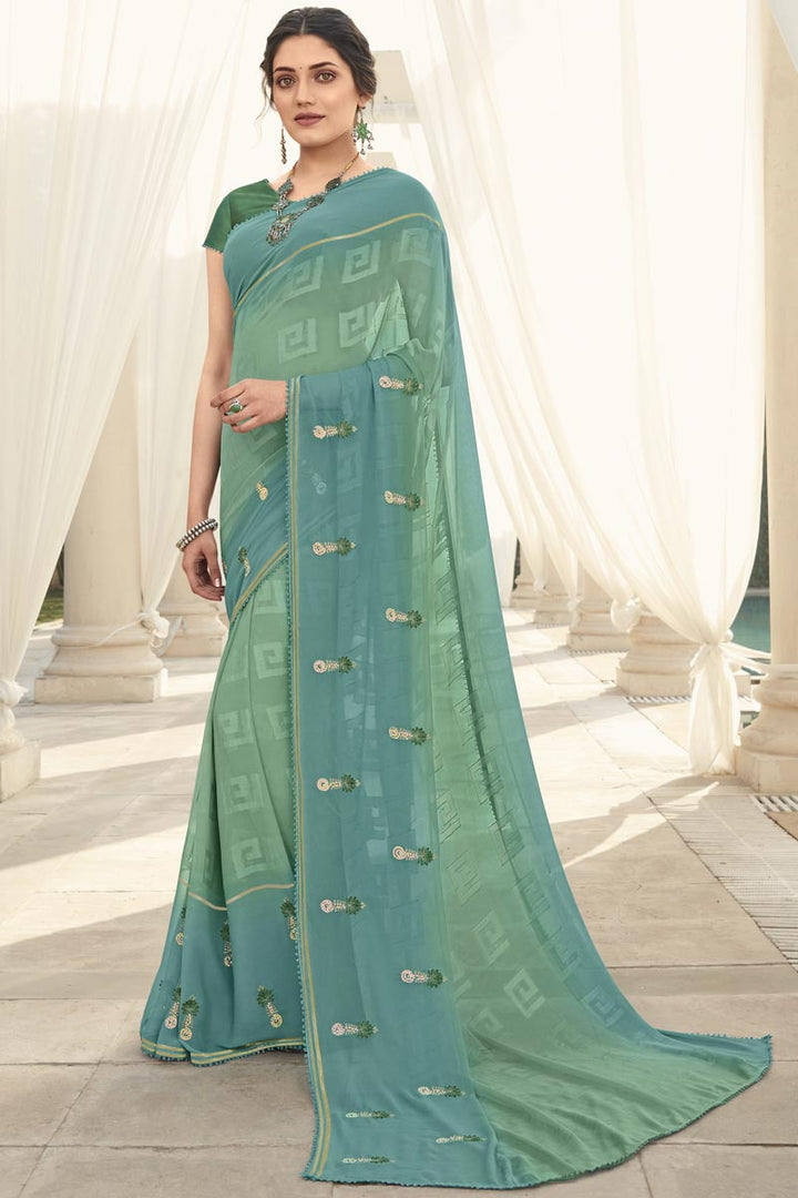 Sea Green Color Festive Wear Designer Georgette Fabric Saree