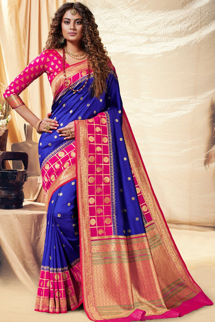 Banarasi Silk Fabric Designer Weaving Work Sangeet Wear Saree In Blue Color