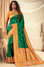 Load image into Gallery viewer, Banarasi Silk Fabric Festive Wear Green Color Weaving Work Saree
