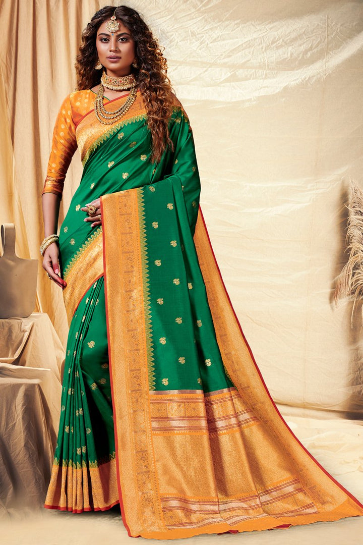 Banarasi Silk Fabric Festive Wear Green Color Weaving Work Saree