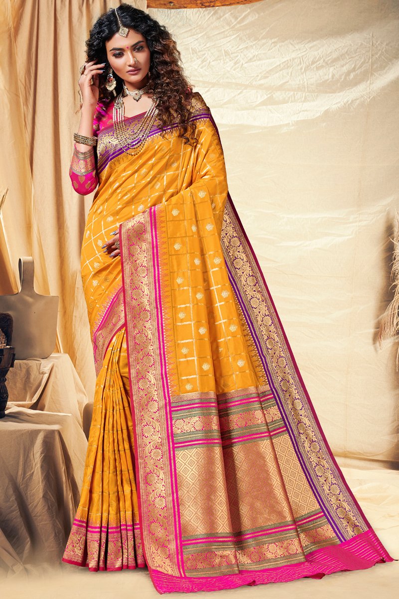 Sangeet Wear Banarasi Silk Fabric Weaving Work Saree In Yellow Color