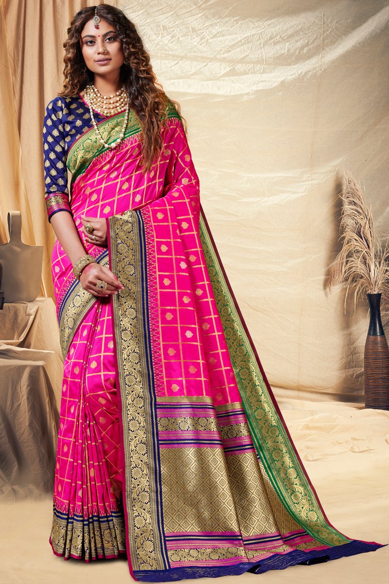 Banarasi Silk Fabric Reception Wear Magenta Color Weaving Work Saree